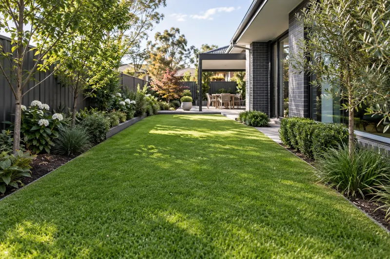 Narrow lawn bordered by garden beds beside a grey house