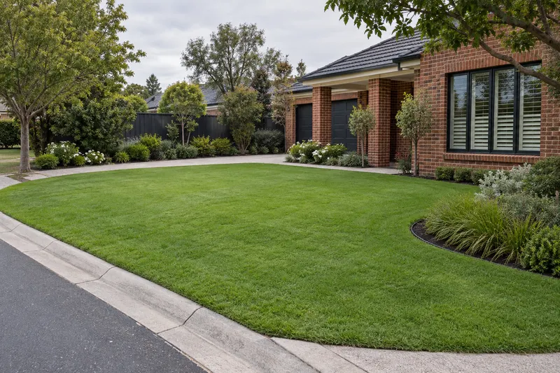 Evenly cut front lawn with a curved concrete edge beside a brick home