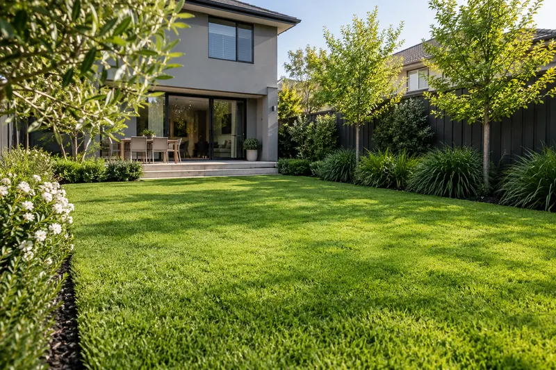 Green lawn with established shrubs along the garden boundary