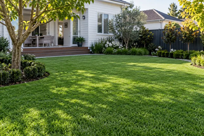 Tree shadows across a green lawn beside a white home