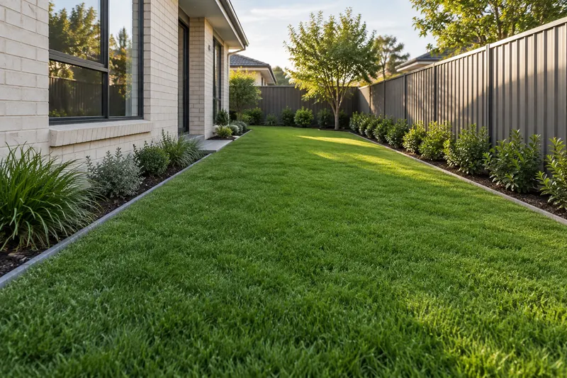 Side lawn and planted border between a house and timber fence