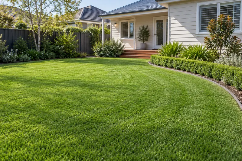Curved lawn edge beside planting and a paved garden path